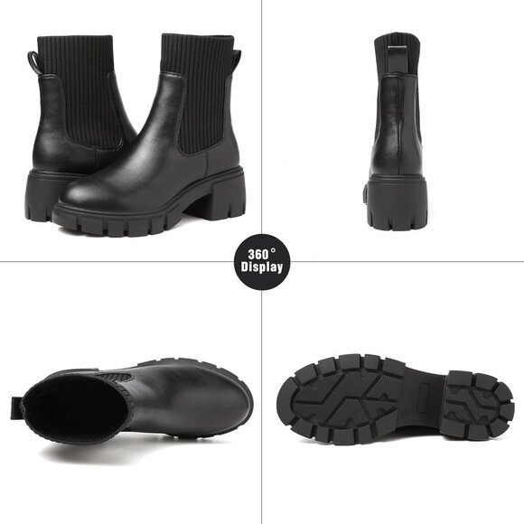 BKWHDAY Women's Black Chelsea Platform Ankle Boots Fashion Chunky Heel - Picture 2 of 7